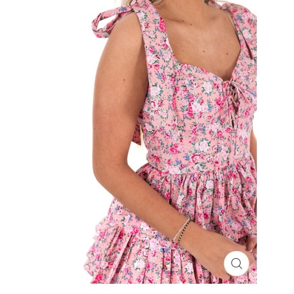 NWOT preppy Pink floral mini dress with corset details and tiered ruffles med - Picture 2 of 8